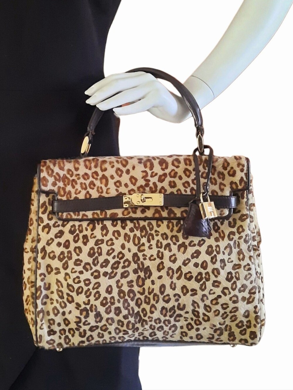 THE FIND Tan/Brown Leopard Print Calf Hair Top-Handle Satchel w/Lock & Key